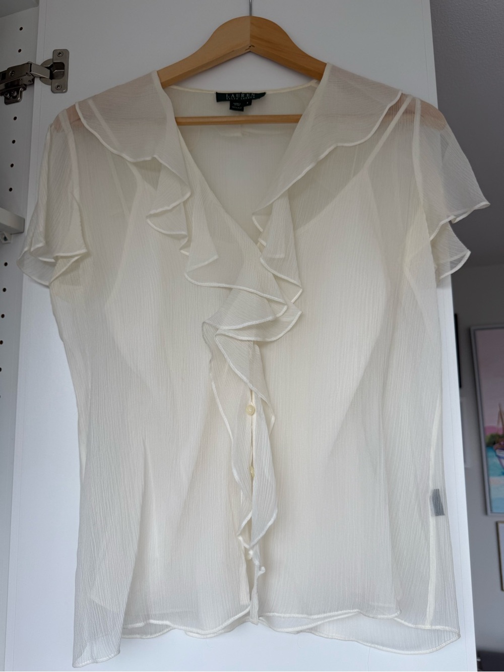 Ralph Lauren Cream Ruffle V-Neck Sheer Blouse - size 8